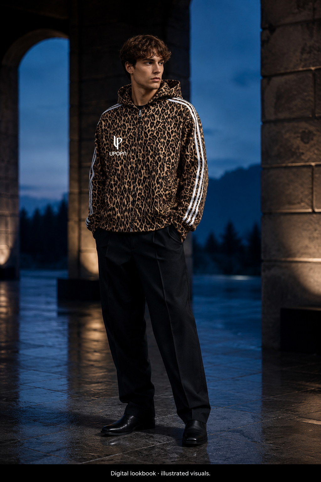 UPOPN Signature Leopard Track Hoodie on model. Digital lookbook · illustrated visuals.