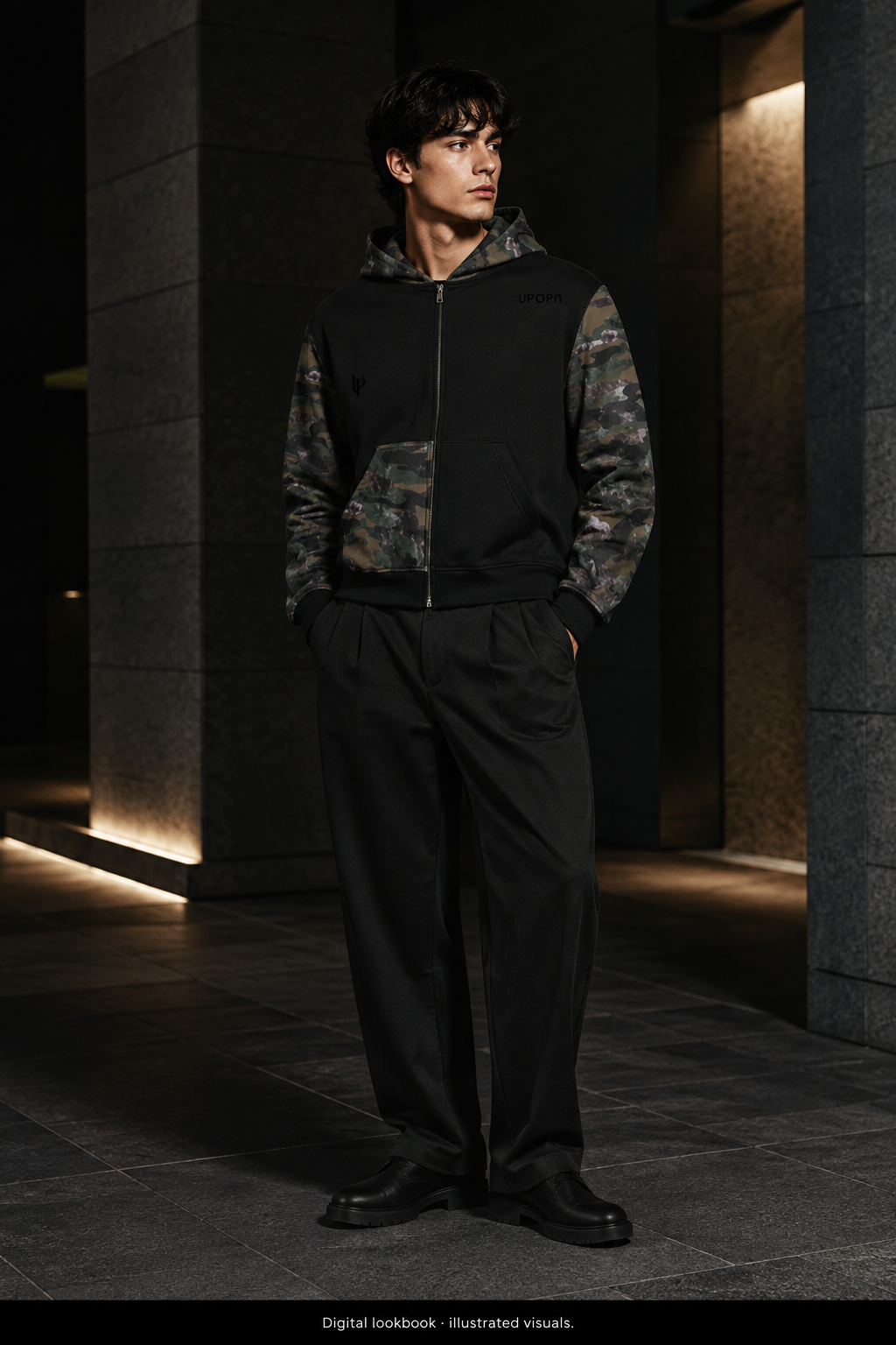 UPOPN Signature Colorblock Camo Zip Hoodie on model. Digital lookbook · illustrated visuals.