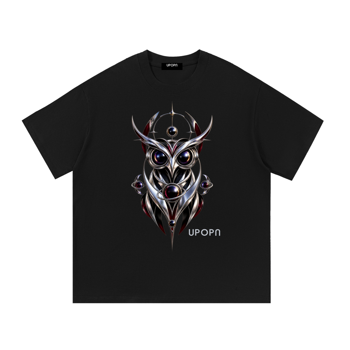 UPOPN Orbit Owl Art Drop Tee — Chrome Myth Edition — garment view 1
