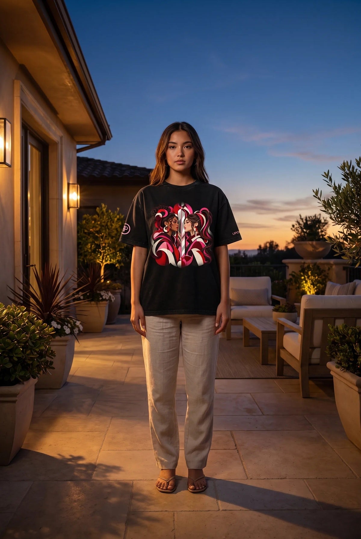 UPOPN Sassy Mirror Snow-Wash Art Tee — Fuchsia Oxblood — garment view 1