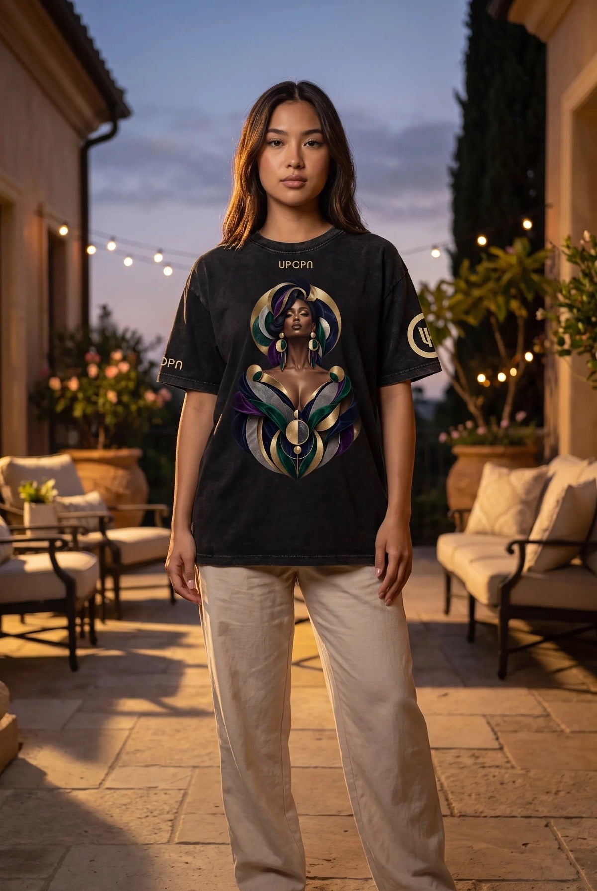 UPOPN Velvet Empress Snow-Wash Art Tee — Nocturne Jewel — garment view 1
