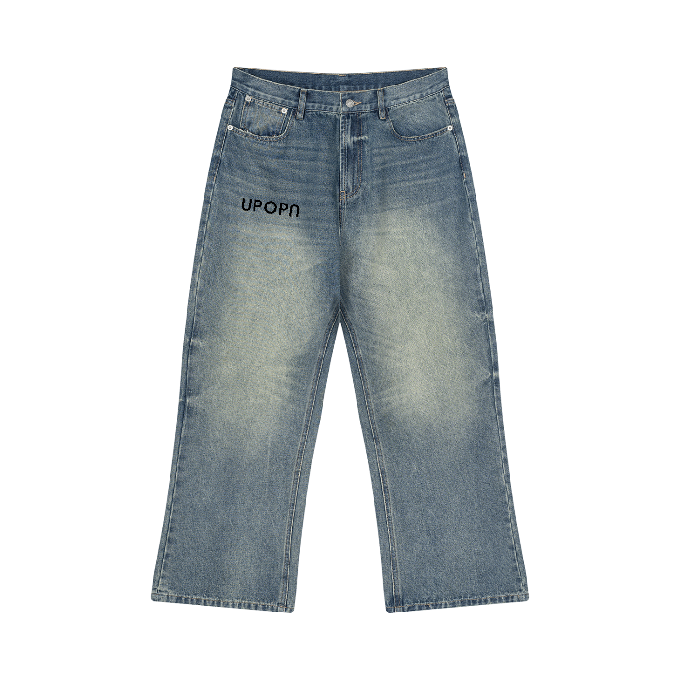 UPOPN Vintage Wash Wide Leg Jean, front. Wordmark on.