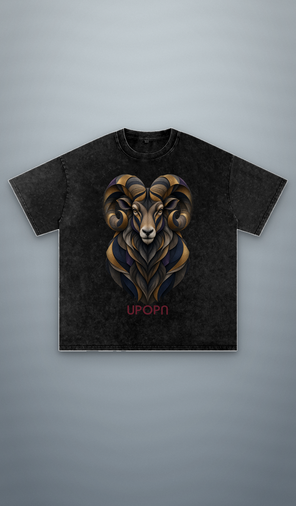 UPOPN Sovereign Ram Snow-Wash Art Tee — Obsidian